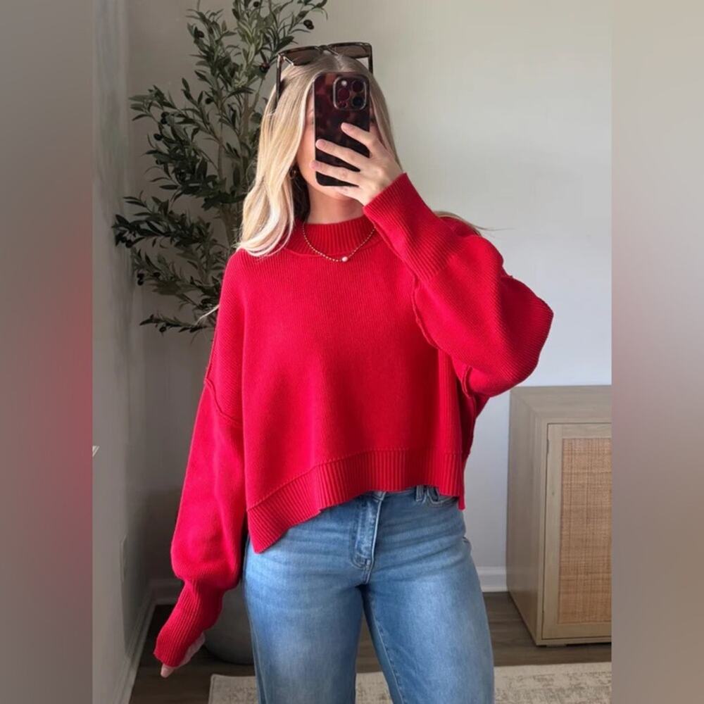Free People Easy Street Crop Pullover Sweater in Racing Red M